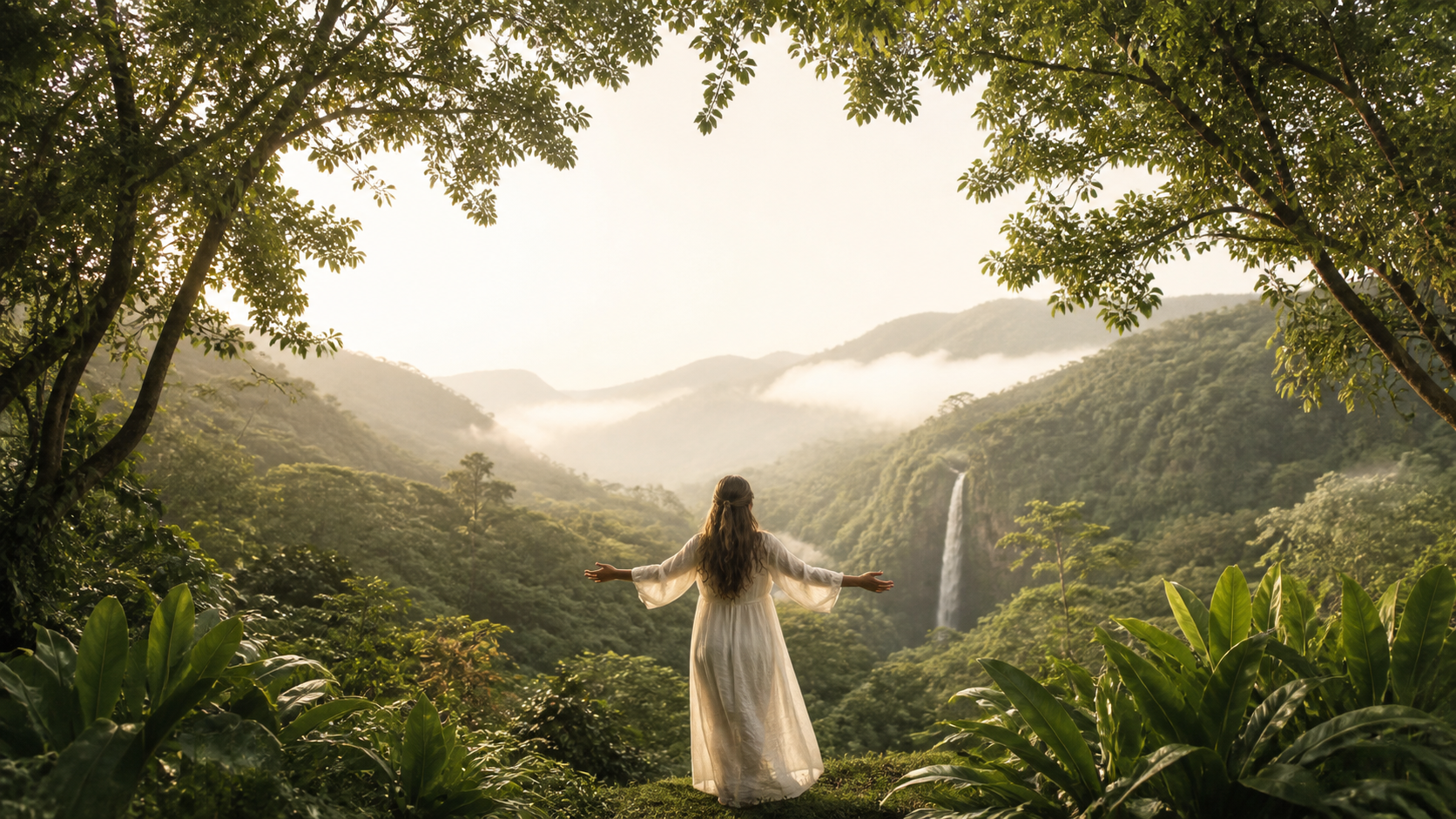 Woman in a sunlit green valley